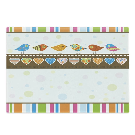 Valentines Day Cutting Board, Birds with Colored Hearts and Stripes Abstract Dots Image, Decorative Tempered Glass Cutting and Serving Board, Large Size, Multicolor, by Ambesonne