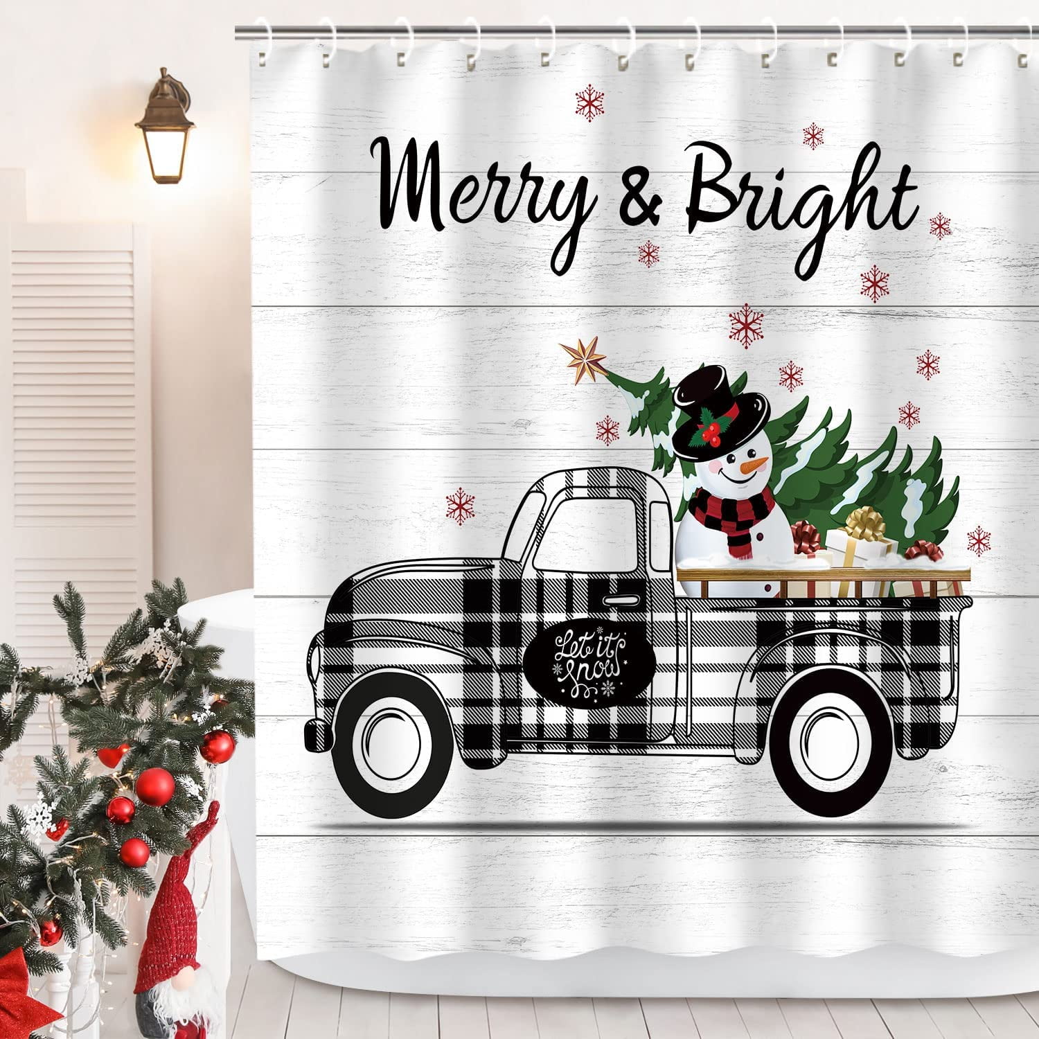 JOOCAR Christmas Shower Curtain, Christmas Truck Shower Curtain, Merry