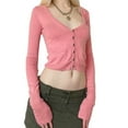 thumbnail image 4 of TRKIYQC Blusas cortas de corte bajo para mujer, blusas cortas de manga larga de un solo pecho de color liso, prendas de punto de ombligo informales ajustadas TRKIYQC  moda, 4 of 6