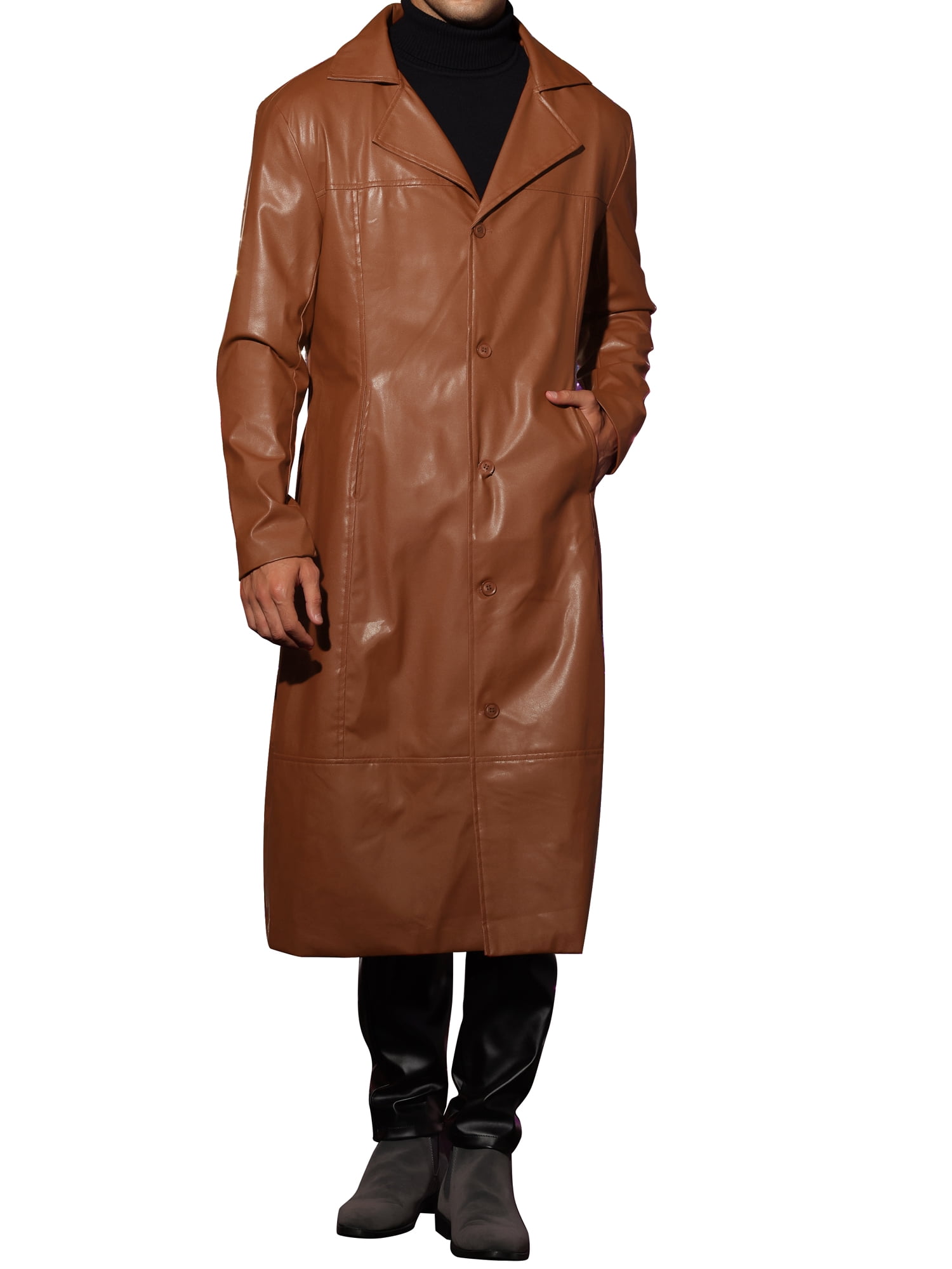INSPIRE CHIC PU Faux Leather Long Jacket for Men's Lapel Gothic Trench Coat Outwear