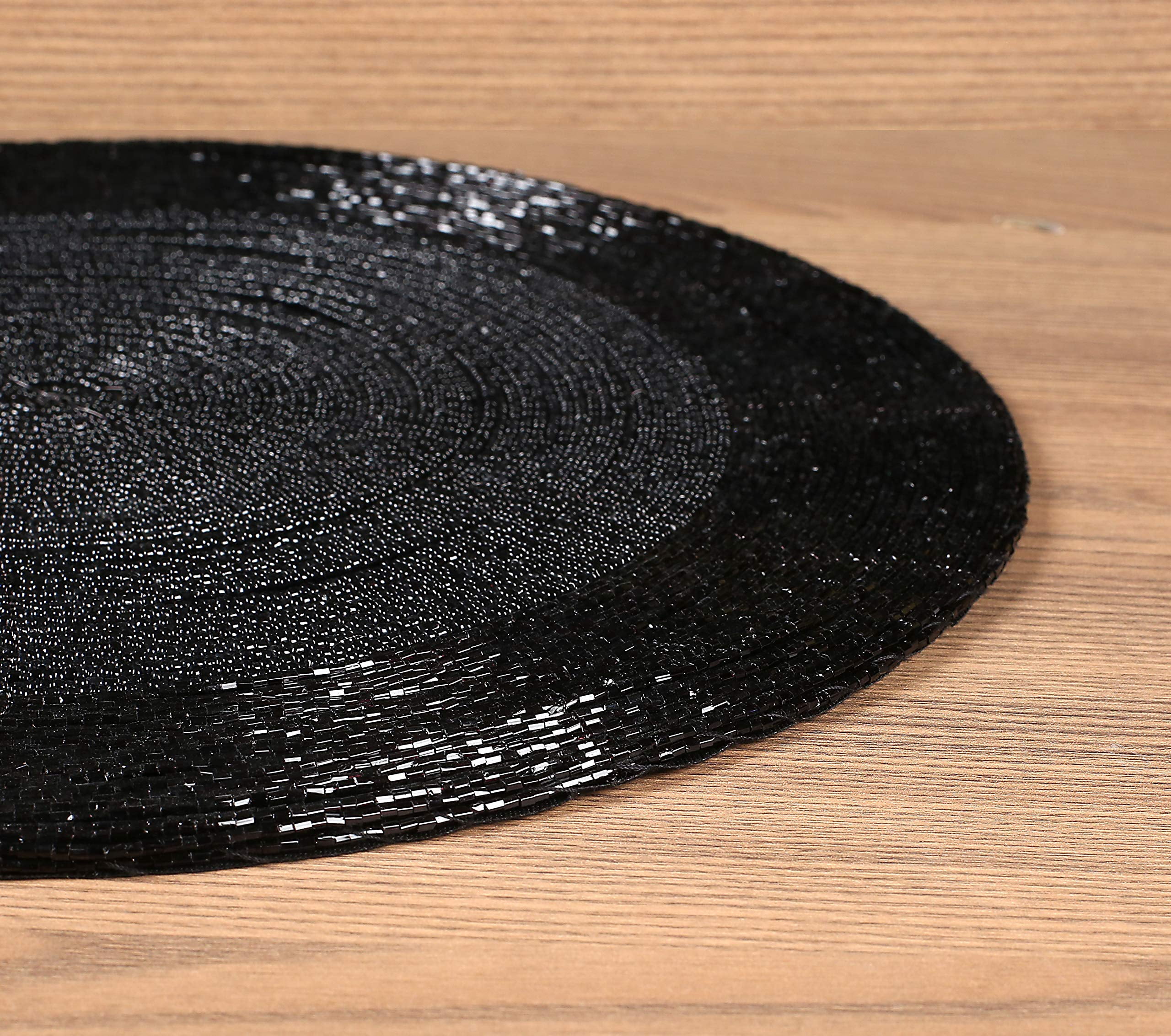 Homebia Designs Round Black Beaded Placemats Set of 4 - Handcrafted Decorative Table Chargers - Elegant Farmhouse Table Mats for Dining, Holiday Dinner, Parties, Wedding & Home Décor - 13 Inch Black