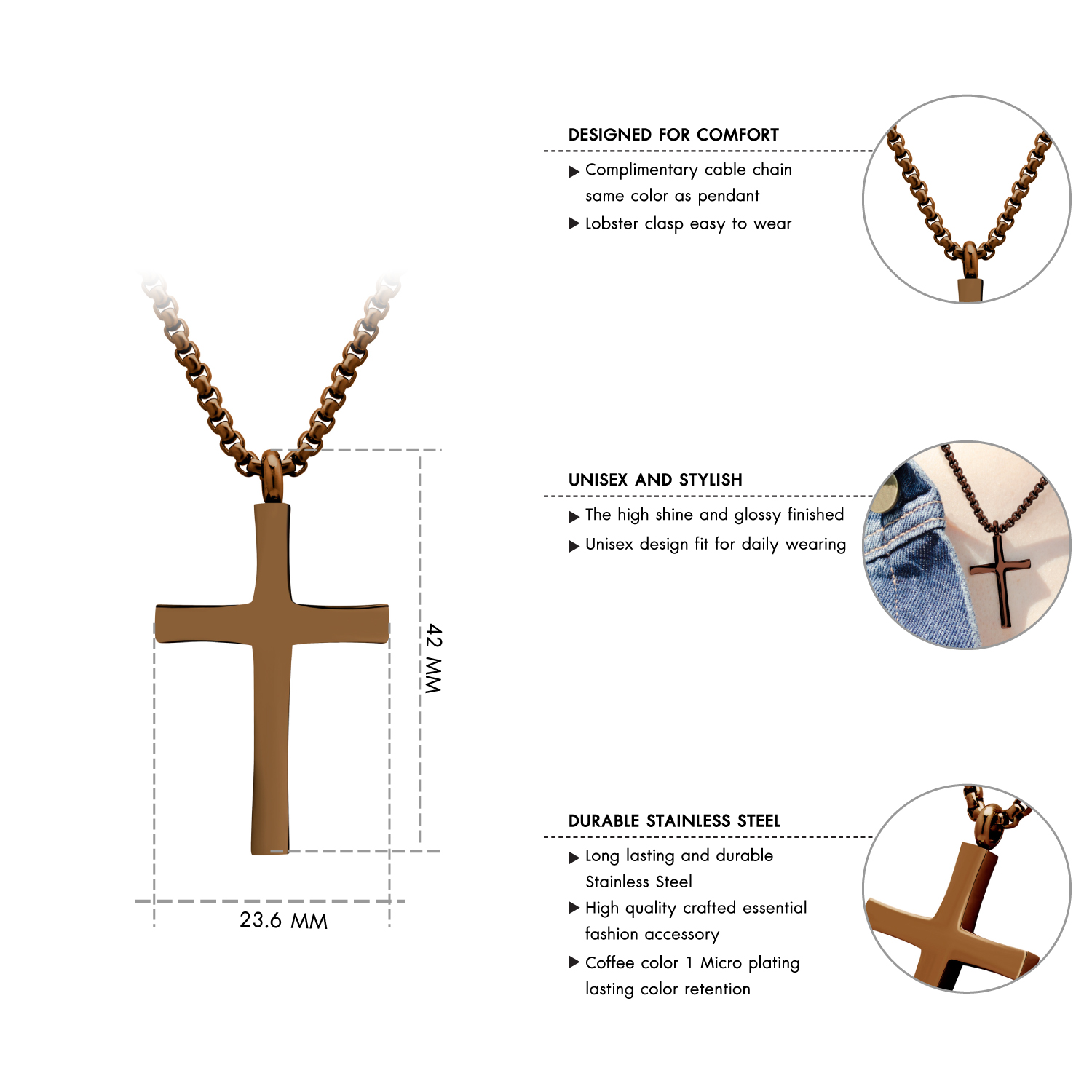 555Jewelery Stainless Steel Metal Cross Unisex Adjustable Rolo Chain Religious Christian Pendant Necklace, Brown Coffee 18 inch