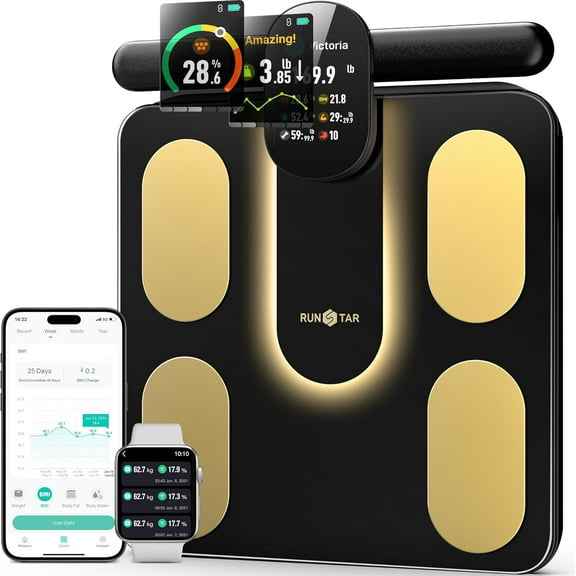 Smart Scale FSA&HSA Eligible, 8 Electrodes Digital Bathroom Scale for Body Weight and Fat, BMI, Muscle Mass 28 Body Composition Measurement, with Full-Color TFT LCD on Retractable Handle