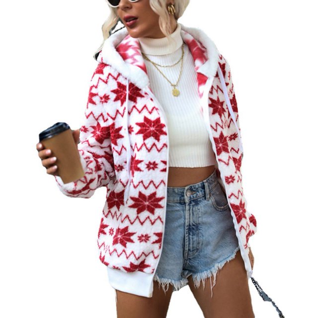 Mujeres abrigo de felpa con capucha impresión decoración manga larga suelta chaqueta para las mujeres otoño e invierno blanco L