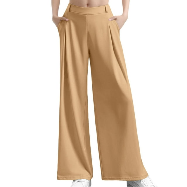 Pantalones casuales de cintura alta y pierna ancha para mujer: pantalones ligeros de poliéster y spandex.