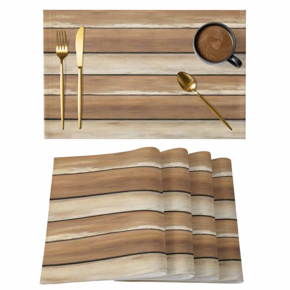 Brown Khaki Wooden Placemats Set of 4, Vintage Farmhouse Retro Art Placemats for Dining Table, Place Mats for Kitchen Tabletop, Waterproof Wipeable Dining Table Mats Set