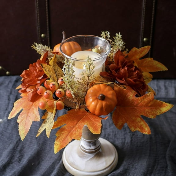 Eolstice Festive Sturdy Pumpkin and Maple Leaf Berry Candle Holder Set, Scented Wreath Ring Decor, Seasonal Centerpiece for Thanksgiving Tables& Halloween Mantles, Indoor Use Only