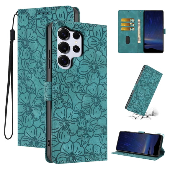 Wallet Case for Samsung Galaxy S26 Ultra, Embossed PU Leather Magnetic Clasp Flip Purse Case with Credit Card Holder & Cash Slot & Stand, Flower Pattern Cover for Samsung Galaxy S26 Ultra, Green