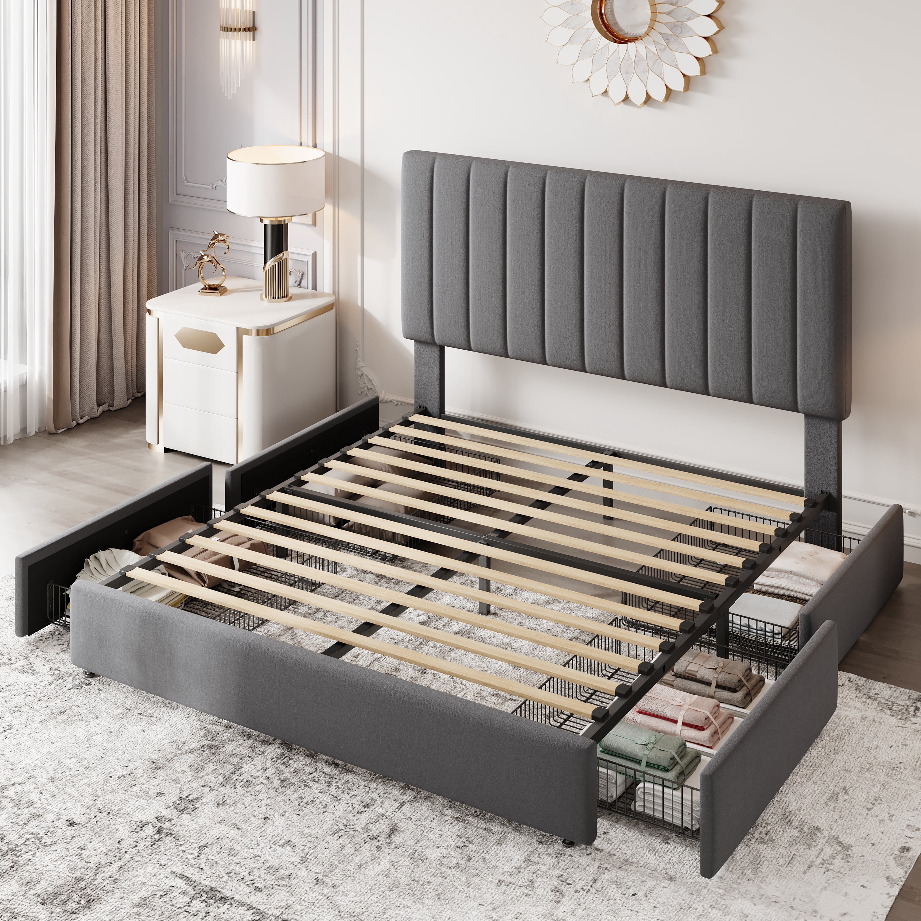 Einfach Queen Bed Frame with Adjustable Upholstered Velvet Headboard and 4 Storage Drawers, No Box Spring Required, Gray