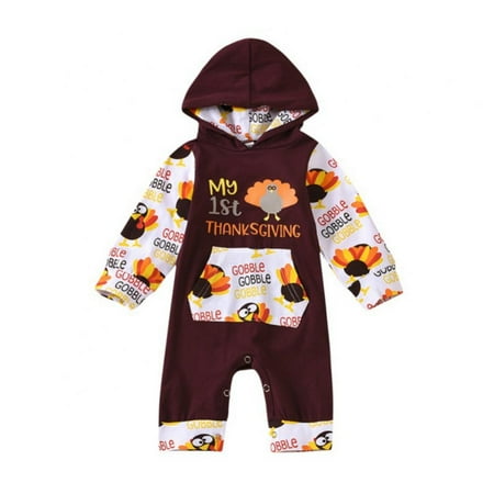 

Newborn Baby Boys Girls Thanksgiving Outfit Turkey Romper Long Sleeve Hoodie Jumpsuits 6-24 Months