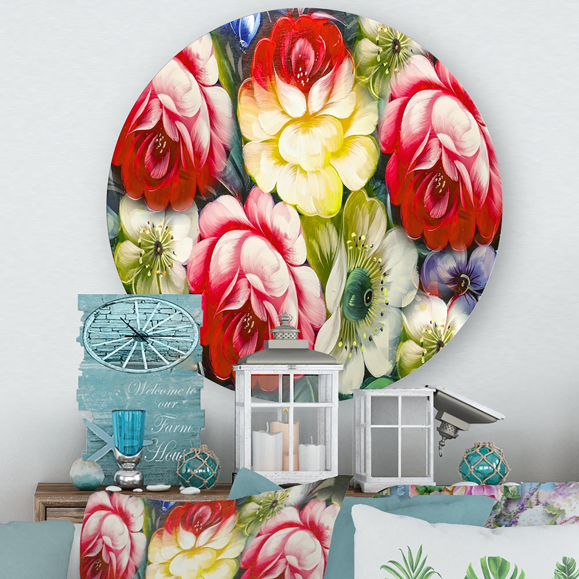 Designart 'Vintage VIbrant Yellow and Red Flower Still Life I' Traditional Circle Metal Wall Art 23x23 - Disc of 23