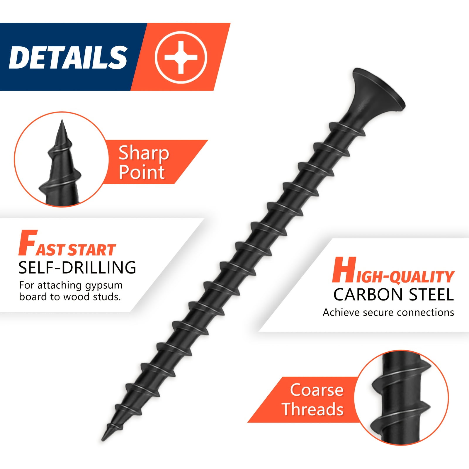 4.5lb #6 Drywall Screws, #2 Phillips Bugle Head, Coarse Thread Sharp Point, Black, Wood Screws