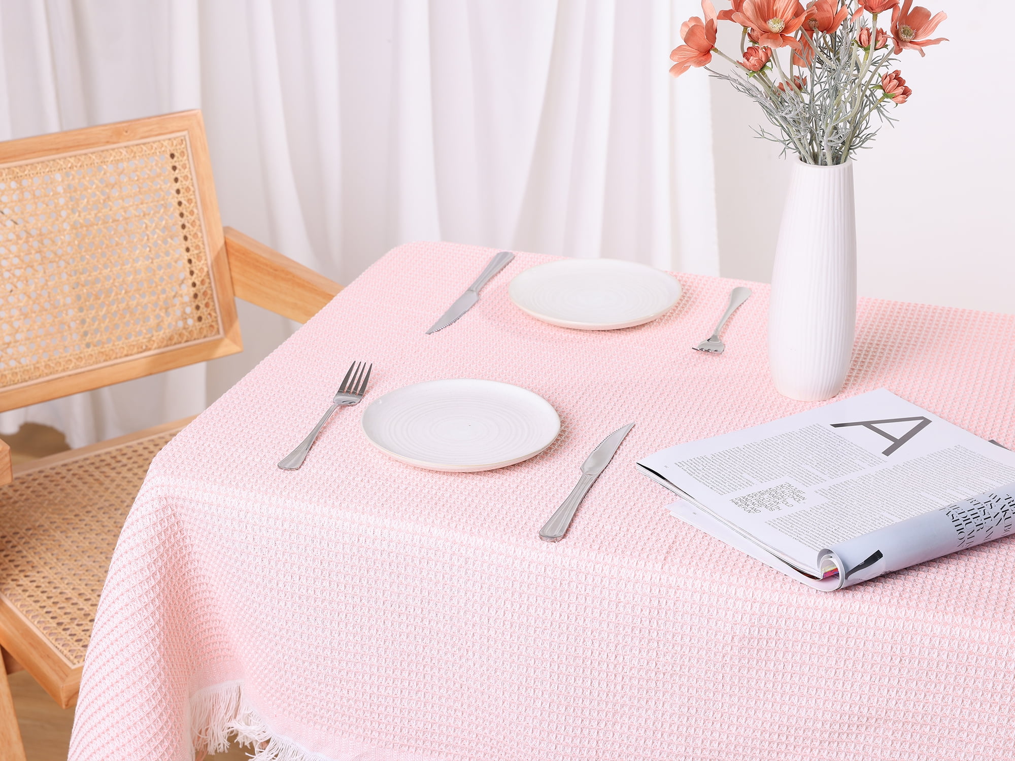 Unique Bargains Rectangle Cotton Linen Table Cover with Tassels for Dining Table Pink 71"x71"