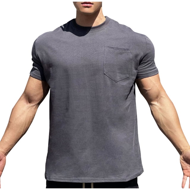 pstuiky camisetas de hombre, Camisas casuales de moda para hombre, lisas, con cuello redondo, bolsillos y elásticos camisetas de hombre xxl