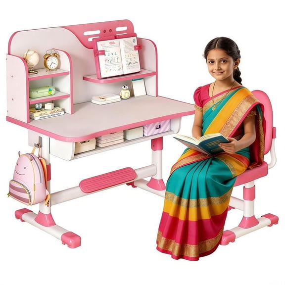 Floseru Kids Desk and Chair Set, Height Adjustable Astronaut Pattern Children School Desk with Shelf & Large Drawers, Kids Writing Study Table for Boys Girls 6