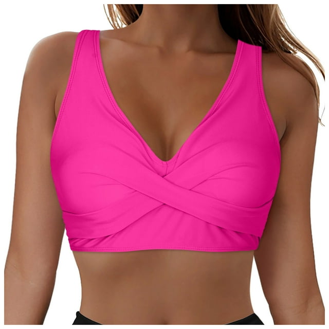 Huesdet Haut de Bikini pour Femmes Bretelles Spaghetti Réglables Haut de Maillot de Bain Col Rond Rembourré (Rose Vif, TG)