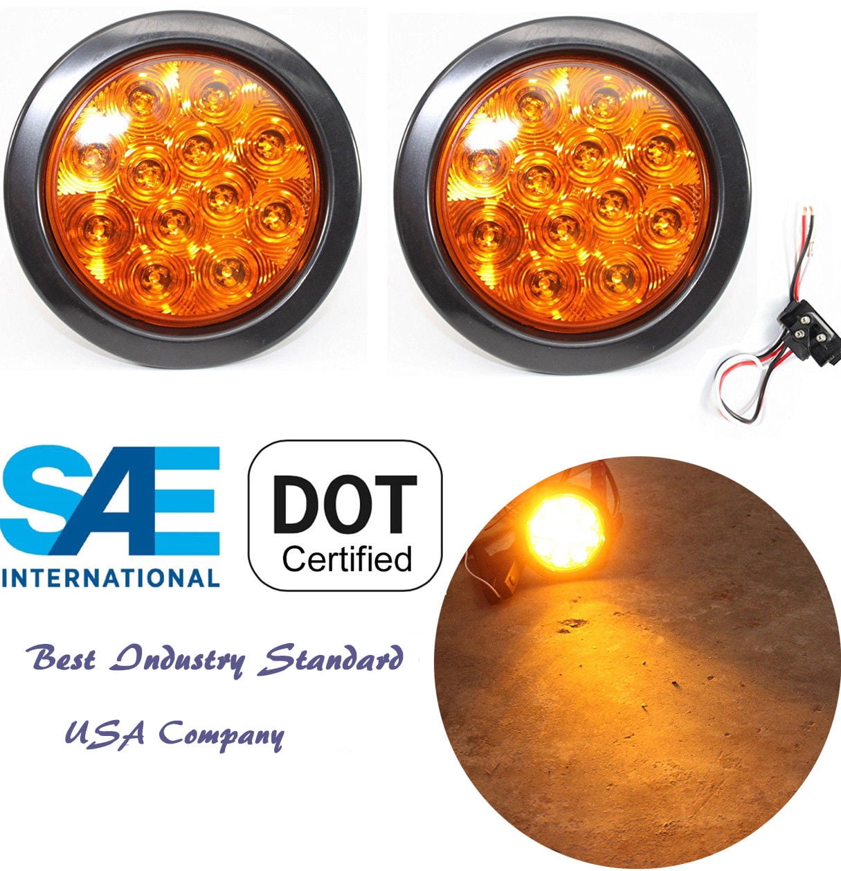 Pair of 4" Multifunction Amber Round Turn Tail Parking Signal Strobe