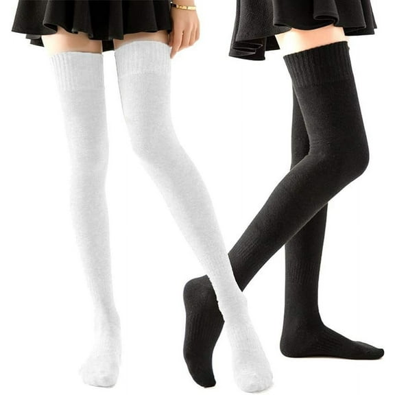 2Pairs Plus Size Thigh High Socks Extra Long White Black Sock For Women Cotton Over The Knee High Boot Stockings Knit Leg Warmers Daily Wear