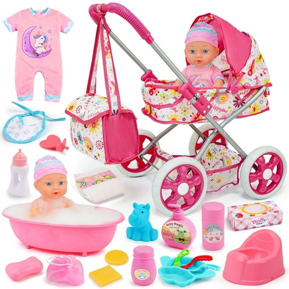 Set de cochecito para muñeca bebé Qirptey, muñeca de 11" y bañera, 20 piezas