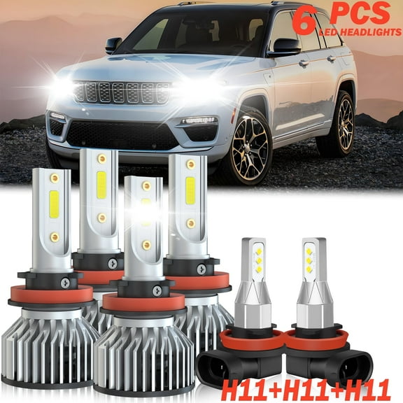 Fit for 2018-2022 Jeep Grand Cherokee(With Halogen) LED headlight bulbs H11 H9 H8 High/Low Beam+ Fog lights,12000LM 50W 6000K,500% Brighter than halogen, 6PCS