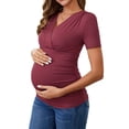 thumbnail image 4 of Blusa de lactancia de verano para mujeres INSPIRE CHIC, con cuello en V, manga corta, tops para embarazo, camisetas fruncidas, talla X-Large, roja, 4 of 6