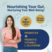 Bio Cultures Complex Probiotics and Prebiotics - 50 Billion CFU - 10 Live Bacteria Strains – Added with Inulin, L-Glutamine & Vitamin C - 60 Capsules | Advanced Probiotic for Women & Men by Prowise