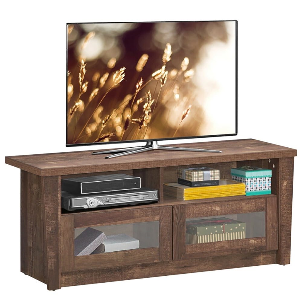 Finihen TV Stand, TV Cabinet, Wooden TV Stand with 2 Open Shelves and 2 Door Cabinets, Media Entertainment Center with Storage, for Living Room, Bedroom, Brown