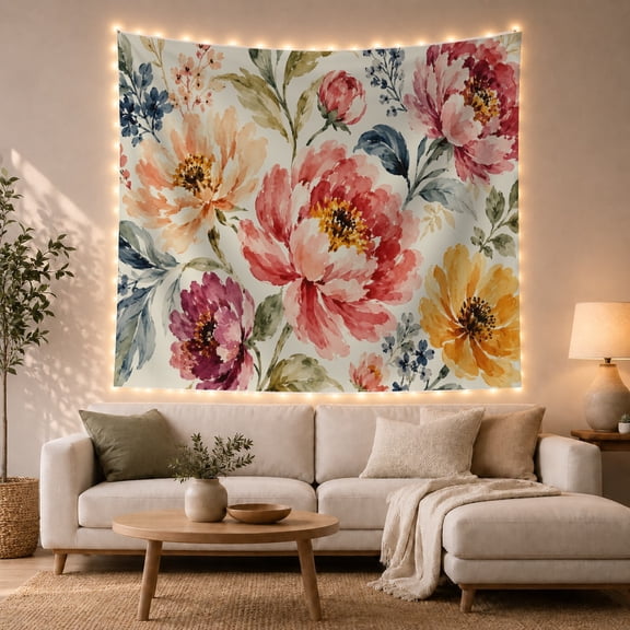 Pink and Yellow Watercolor Blooms Against Cream Background, Romantic Watercolor for Flower Lovers, Floral Wall Decor, Mother's Day Gift, Tapestry Wall Hanging for Bedroom and Living Room