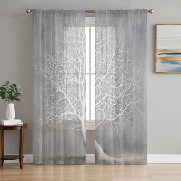 White Trees Sheer Curtains 63 Inch Length 2 Panels Set, Grey Omrbe Abstract Art Voile Window Treatment Rod Pocket Curtains Sheers Drapes for Bedroom/Living Room/Kitchen 52x"63"x2