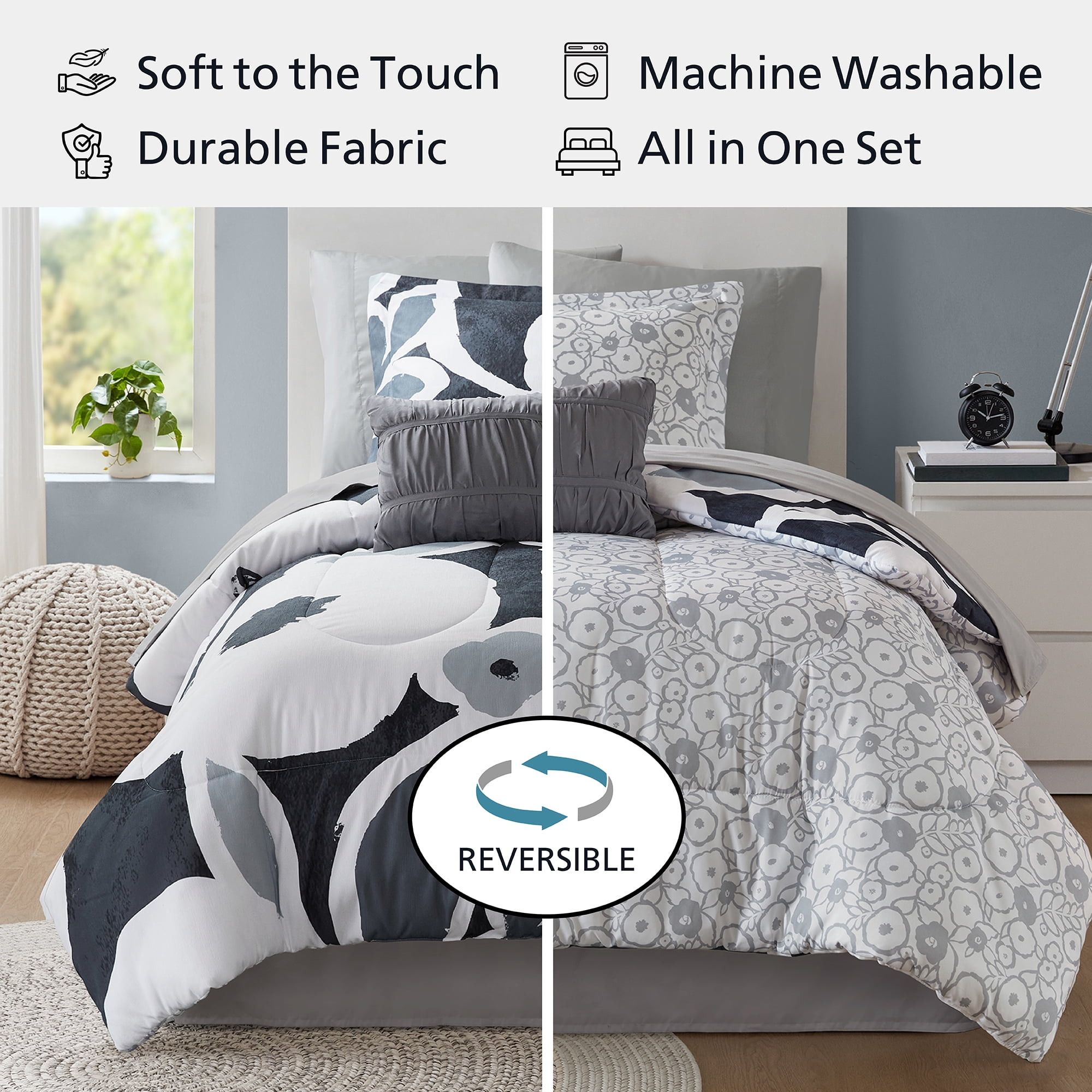 Mainstays All in One Reversible Comforter and Sheet set- 8 Piece, Twin, Black and White Floral