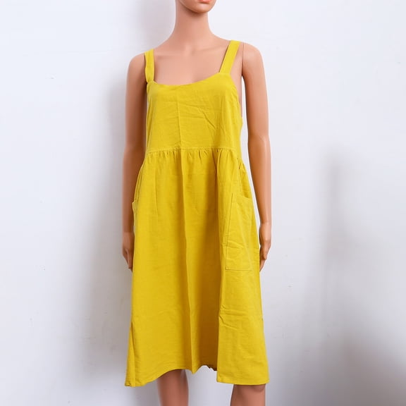 FOLOYORI Apron For Home Cotton and Linen Dirt Proof Long Apron with Pockets for Kitchen Use Yellow 1Pcs