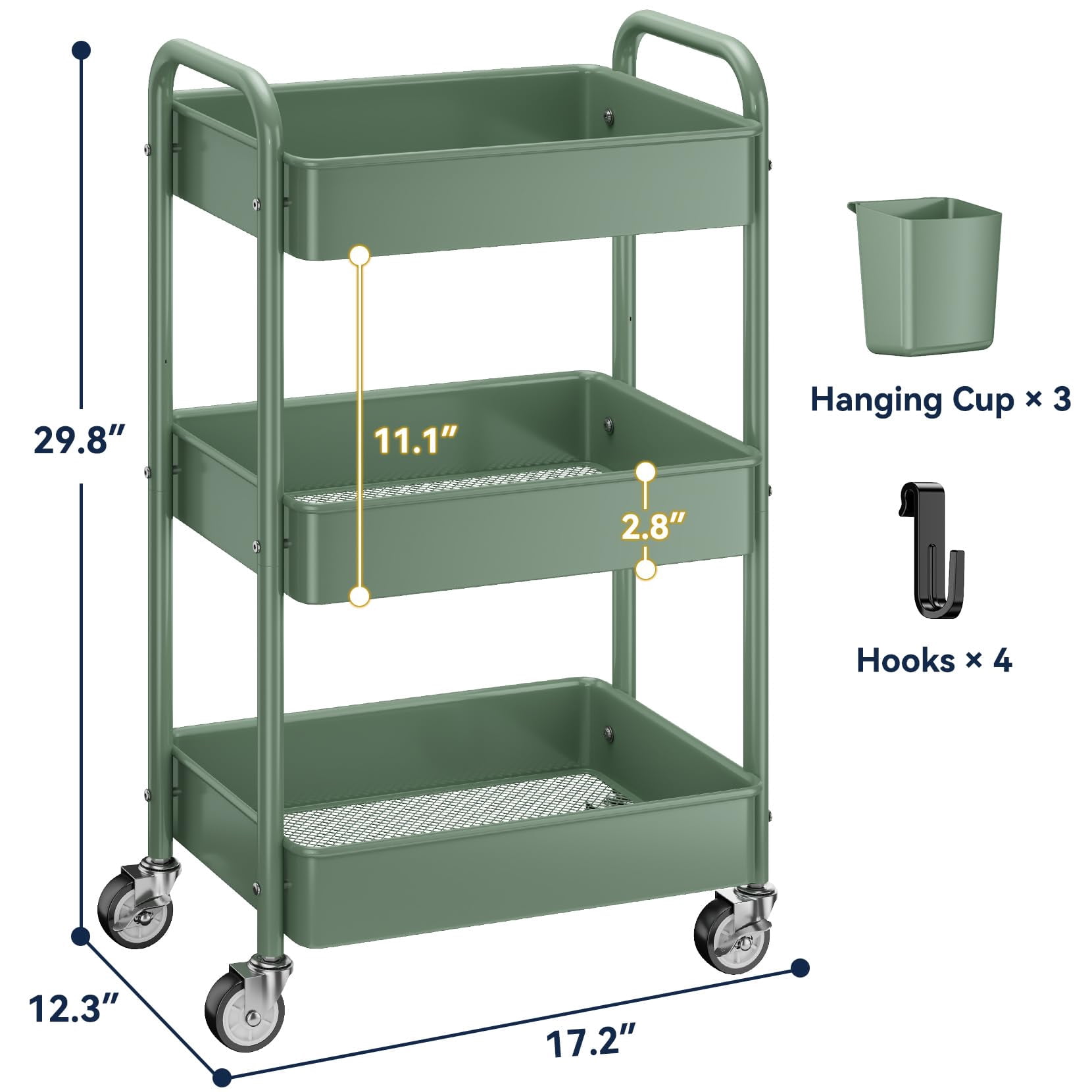 3 Tier Rolling Cart - Metal Utility Cart with Wheels, Hanging Cups, Hooks, Heavy Duty Mesh Rolling Storage Cart Organizer, Craft Cart for Kitchen Office, Lightweight and Sturdy