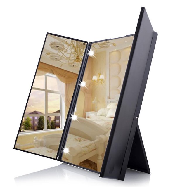 Espejo de maquillaje con luz LED, espejo de viaje con pilas (negro, 154*122*14 mm)