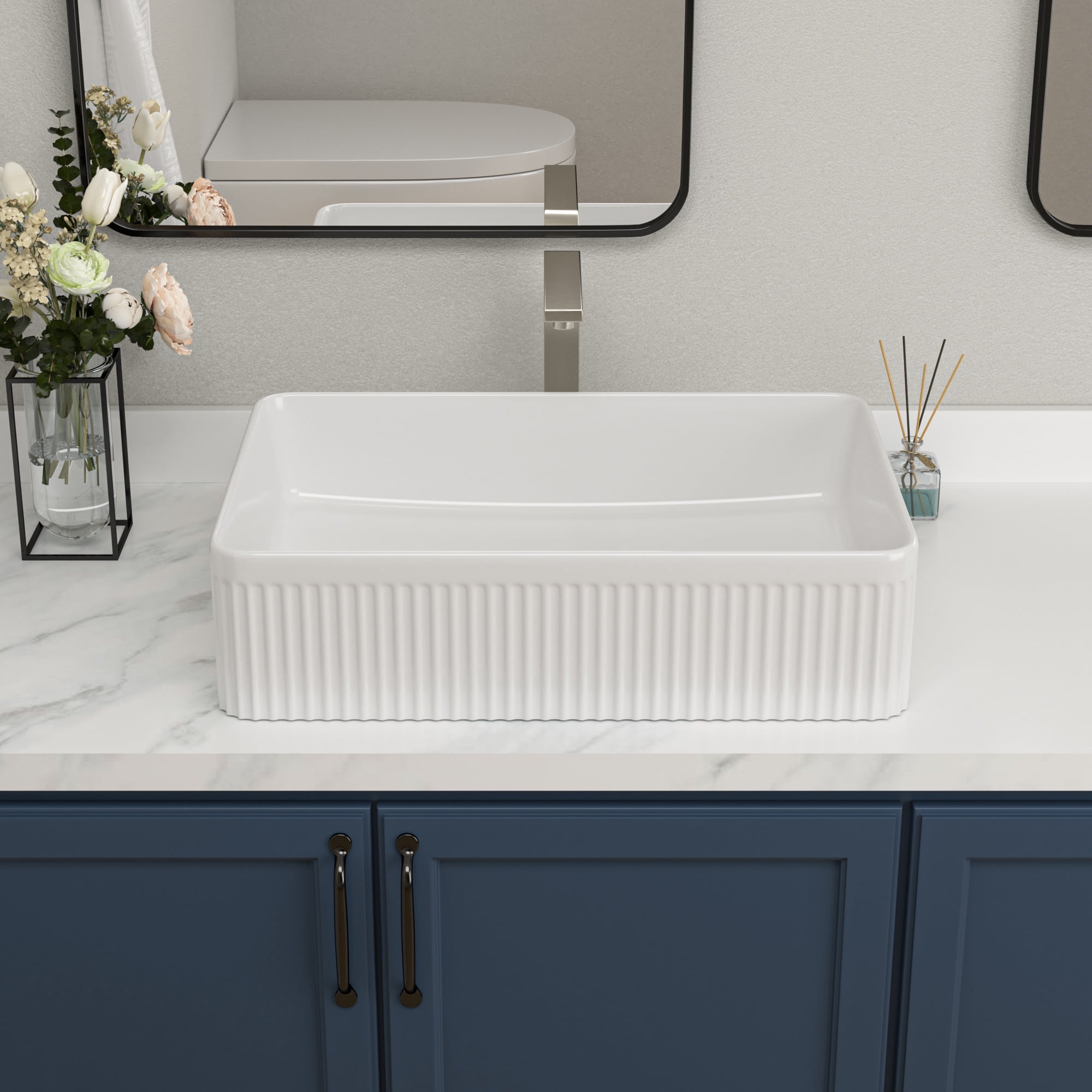 Logmey 19"x13" White Bathroom Vessel Sink Rectangular Ceramic Sink Porcelain Vanity Basin