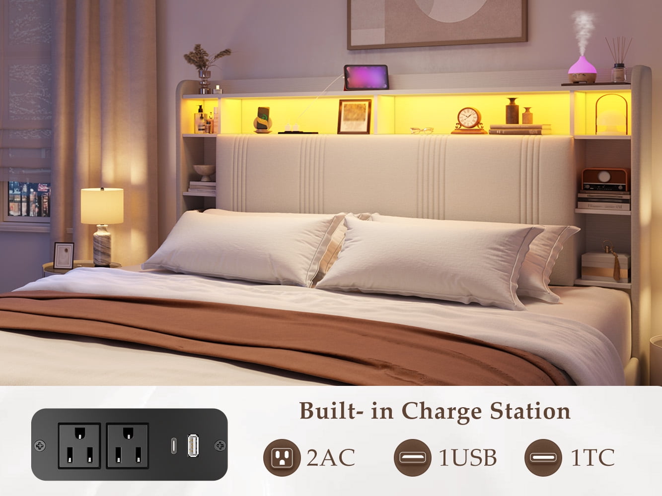 EnHomee Queen Size Bed Frame with 4 Drawers & 3-Tier Storage Shelf Upholstered Bed Frame Queen with Headboard Bed Frame Queen with LED Lights & Charge Station, No Box Spring Needed, No-Noise, Beige
