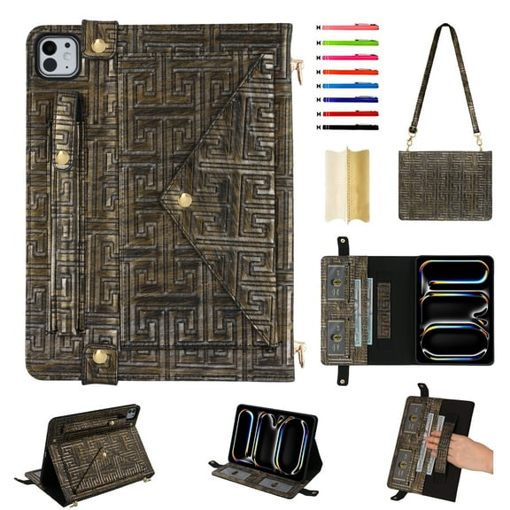 for iPad Pro 11" 2024 M4 5th Generation Case, Handbag Design PU Leather Stand Cover with Elastic Hand Strap and Detachable Adjustable Shoulder Strap, Pencil Holder, Document Card Pocket, Silvergold