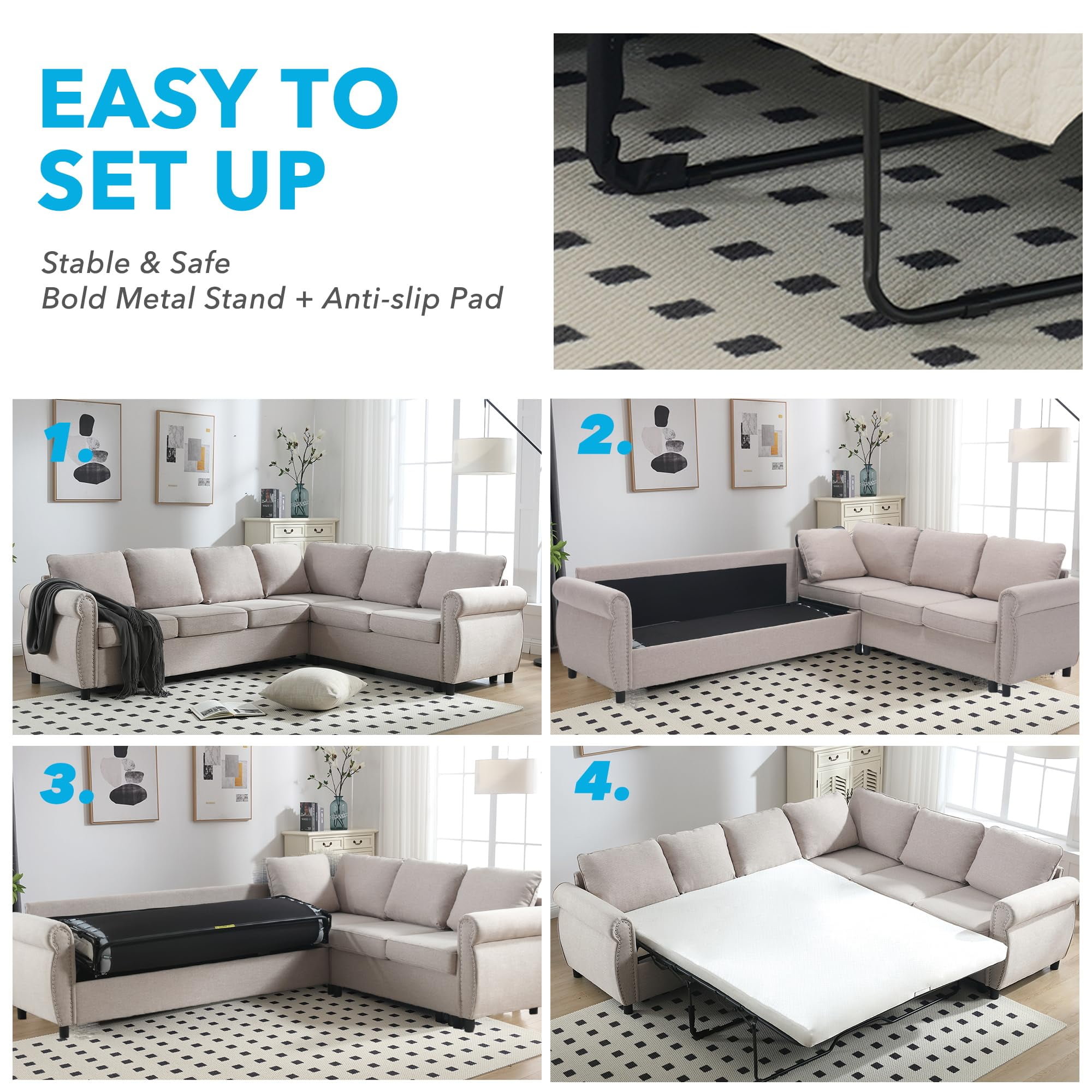 Tabaray Modern L Shaped Sleeper Sofa Bed with Mattress Bed, 104"Pull Out Sleeper Couch Bed Small Full Size,  6 Seater Sectional Furniture Sets for Living Room, Bedroom, Apartment
