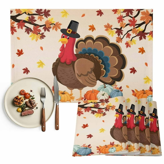 Thanksgiving Turkey Placemats Set of 2 Fall Pumpkin Maple Leaf Heat Insulated Linen Place Mats, Washable Stain-Proof Table Mats for Dining Tables Holiday Decor 13x19inch