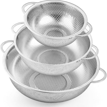3 Pack Stainless Steel Colanders, Micro-Perforated Strainer Basket with Handle for kitchen, Metal Colander Strainer for Pasta, Fruits Vegetables, Noodles,Dishwasher Safe(1/3/5 Quart)