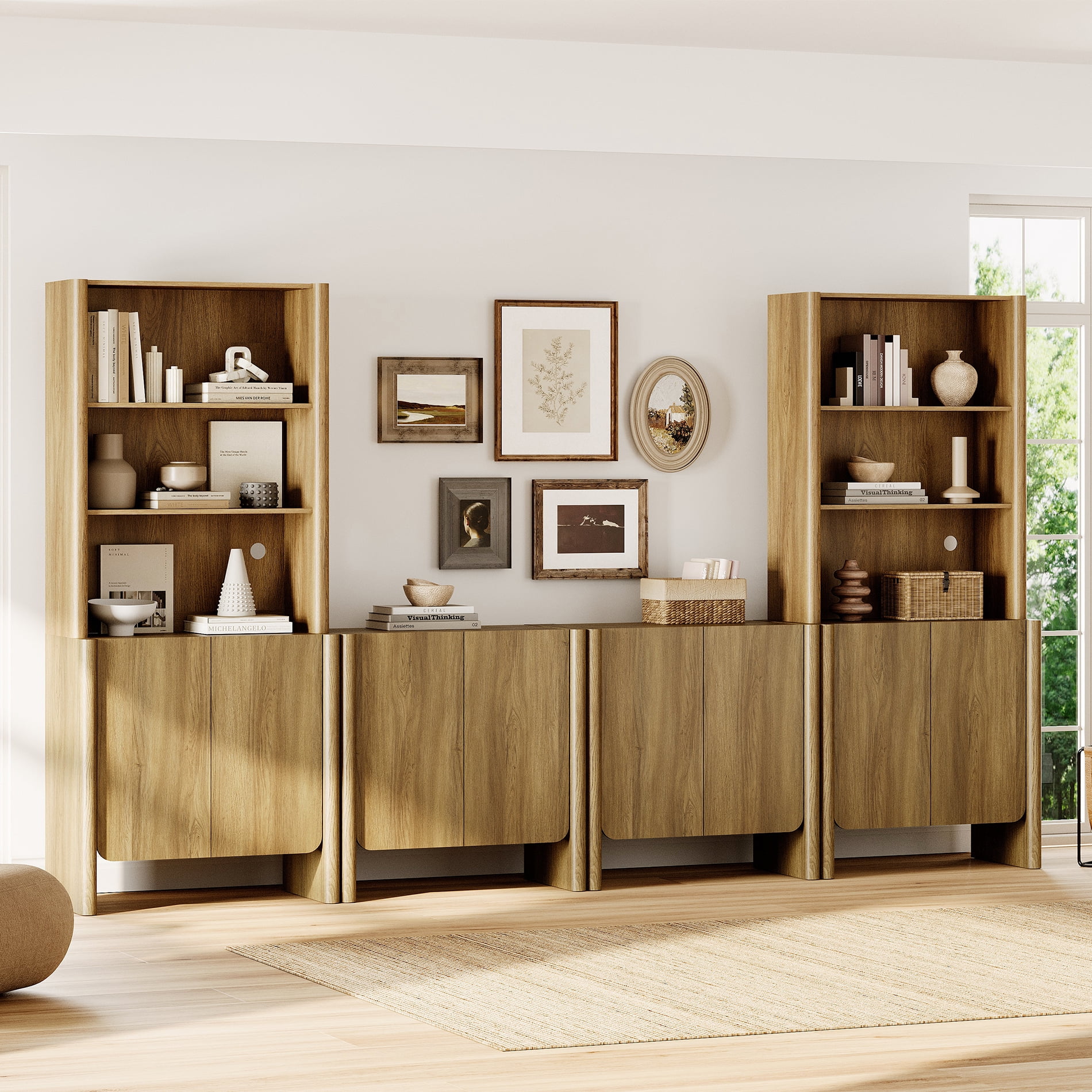Modern French TV Stand with Bookshelves, 126-Inch Media Console, 4 Doors and Open Shelving, Supports TVs up to 70 Inches, Walnut