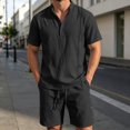thumbnail image 2 of Uwinwear Men's Linen Casual 2 Piece Outfit Mock Neck Short Sleeve Shirt and Side Button Shorts Set Casual 2 Piece Summer Outfit,Black,S, 2 of 6