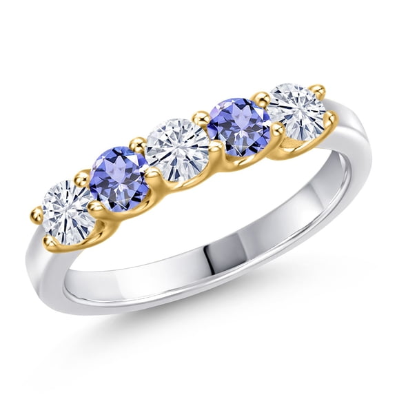 Gem Stone King 925 Silver and 10K Yellow Gold White Moissanite and Blue Tanzanite Wedding-Bands Ring for Women | 0.84 Cttw | Round 3.5MM | Gemstone Birthstone | Size 5