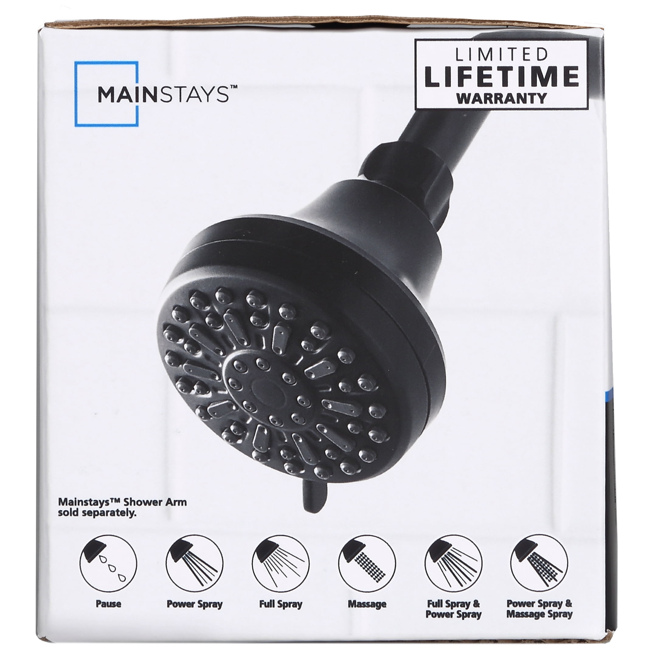 (6 pack) Mainstays 6-Setting Matte Black Shower Head, 3.5" Face with Rub-Clean Nozzles