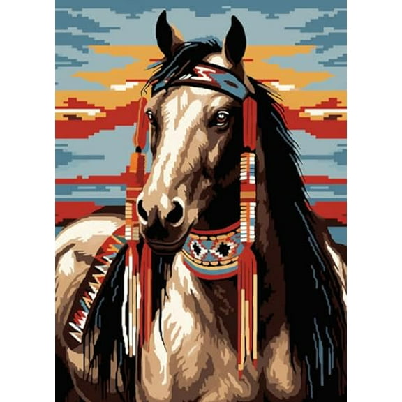 Indian Horse Latch Hook Rug Kit for Adults Easy Carpet Cushion with Printed Canvas Crochet Yarn Craft DIY Hooking Tapestry for Home Floor Decoration Pets Pads 52x38cm(1)