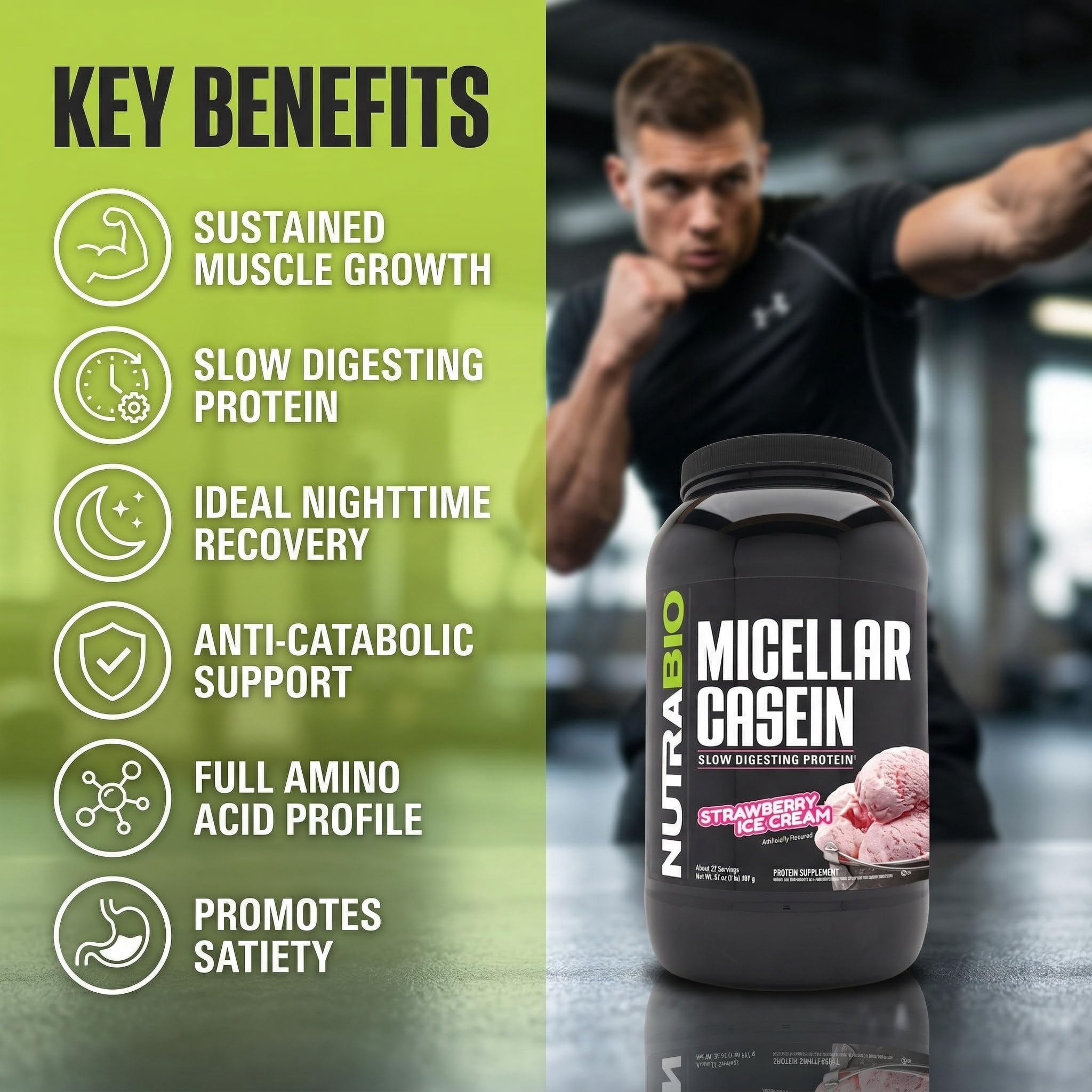 NutraBio Micellar Casein Protein Powder-Casein Protein Powder Strawberry- Slow Digesting - Muscle Growth - Essential Amino Acids - Non-GMO - Gluten & Soy Free-2 lbs Strawberry Ice Cream