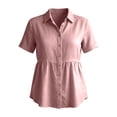 thumbnail image 5 of Womens Peplum Top Cotton Linen Half Sleeve Button Down Blouse Ruffle Hem with Pockets Loose Fit Casual Pink,Size S, 5 of 9