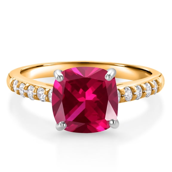 Gem Stone King 10K Yellow Gold Red Created Ruby and White Lab Grown Diamond Engagement Ring for Women (2.70 Cttw, Cushion 8MM, Gemstone July Birthstone, Size 9)
