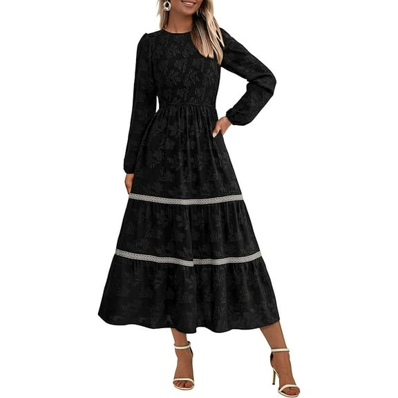 PRETTYGARDEN Women's Spring Midi Dress Fall Elegant Long Sleeve Smocked Flowy Boho Floral Wedding Guest Party Dresses