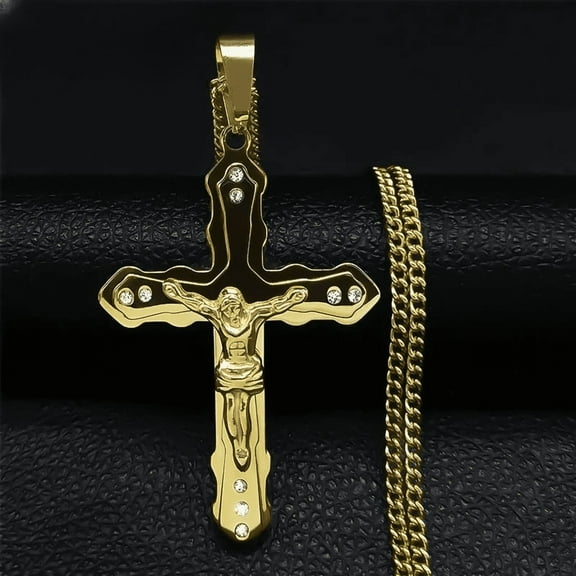 Luxury Charm Religious 14K Yellow Gold Cross Necklace for Men Women Golden Color Crucifix Jesus Christ Chain Necklace Christian Jewelry Gifts