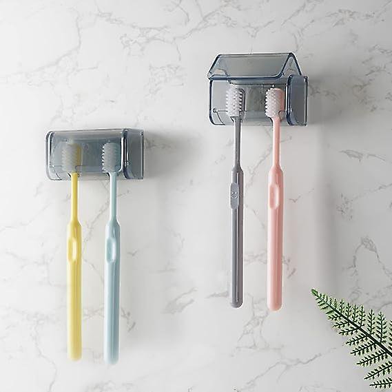 2 soportes para cepillos de dientes montados en la pared con tapa para baño, organizador de almacenamiento de cepillos de dientes con 2 ranuras para ducha, autoadhesivo (gris) 7 x 4 x 4 cm